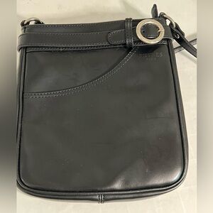 Phynes Paris Black Leather Crossbody Bag Purse 8.25” X‎ 9” Adjustable Silver